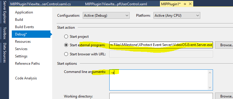 start action Properties - Debug- Start action and Start options