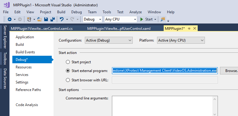 Properties - Debug - Start action Properties - Debug - Start action