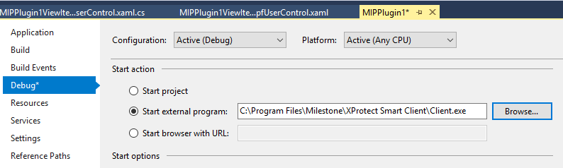 Properties - Debug - Start action Properties - Debug - Start action