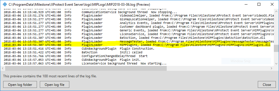 log viewer MIP log viewed in the Event Server Manager log viewer.